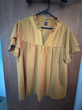 SHEIN Mustard Textured V-Neck Ruffle Sleeve Blouse